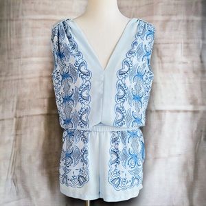 BCBG Blue Sleeveless Vance Romper in Light Oasis Combo